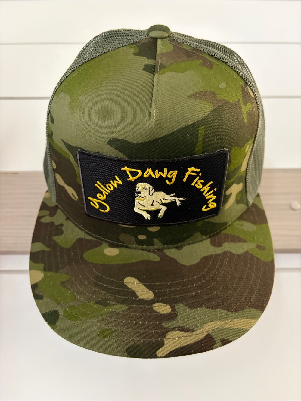 Classic Camo Trucker Hat with Yellow Dawg fishing patch snap back baseball cap